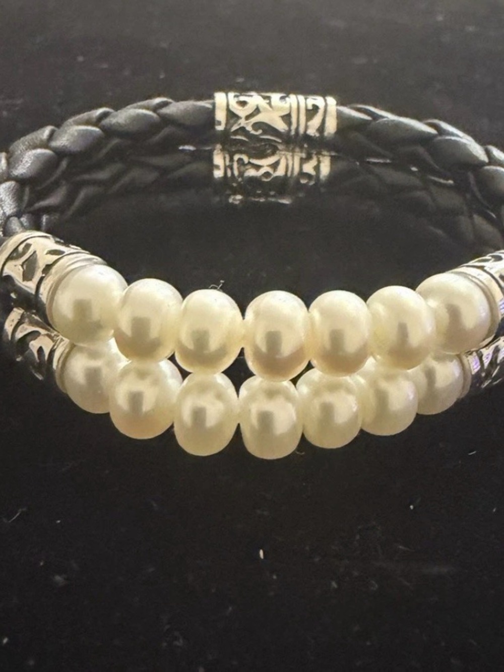 925 Sterling Silver Double Row Pearl Braided Black Leather Bracelet Cuff 7.5"